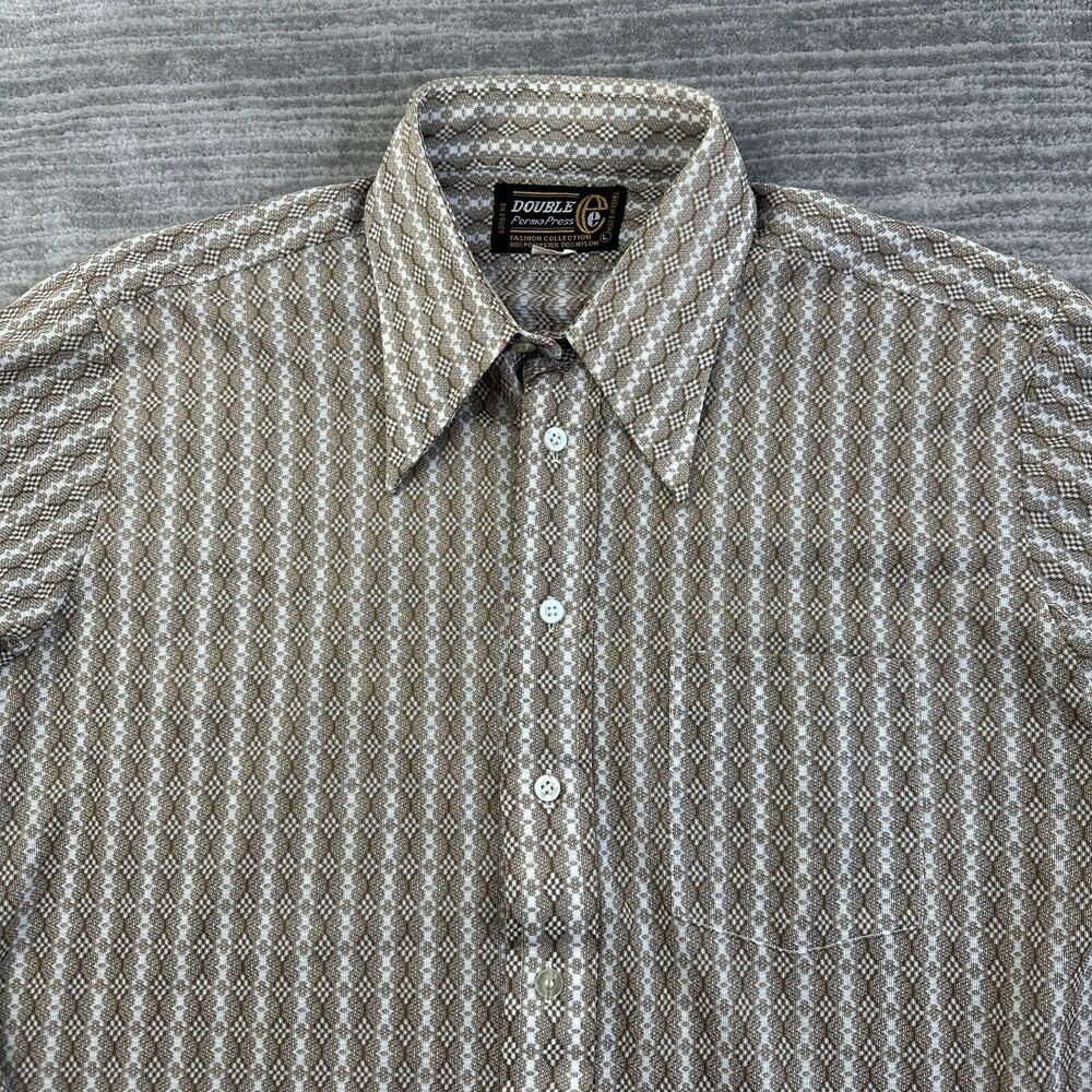 VINTAGE Double E Shirt Mens Medium Beige Disco Collar 60s 70s Perma Press